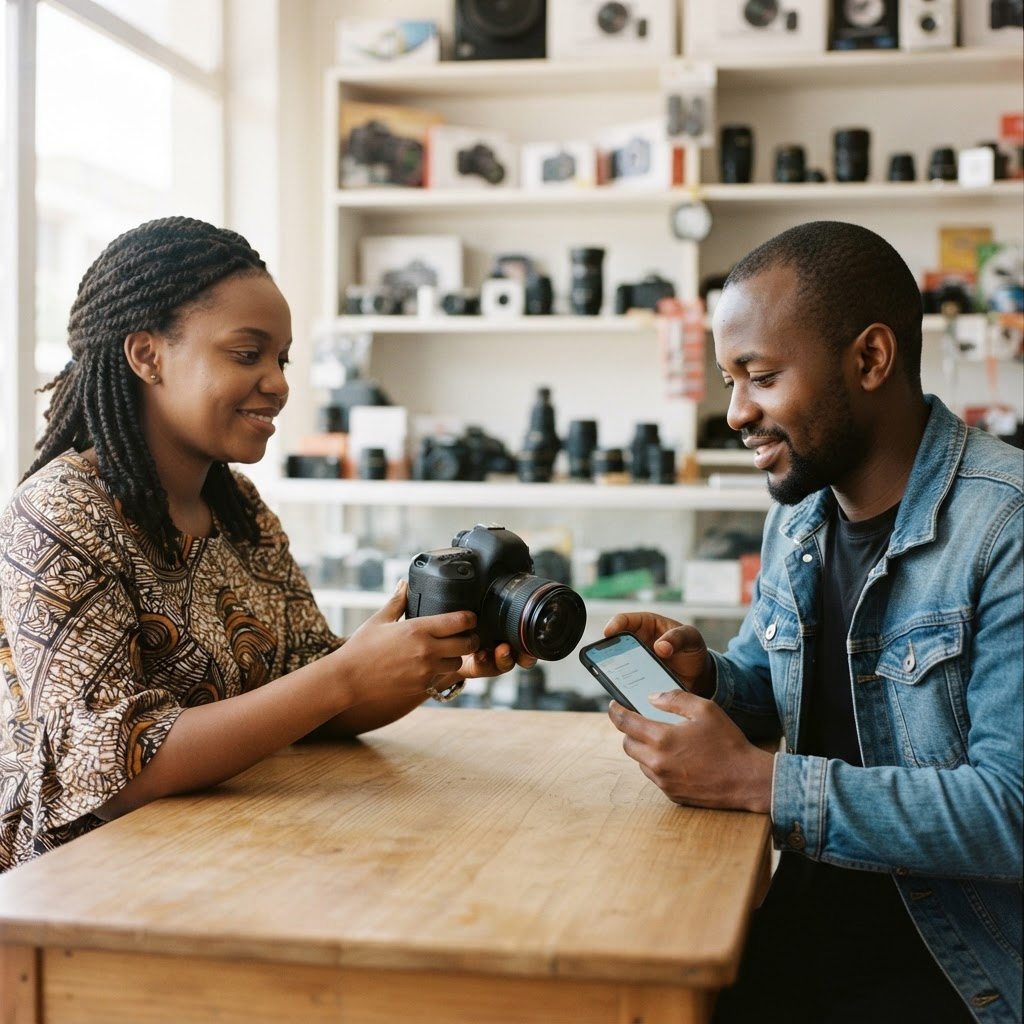 Two people inspecting an item during a verified marketplace handoff.